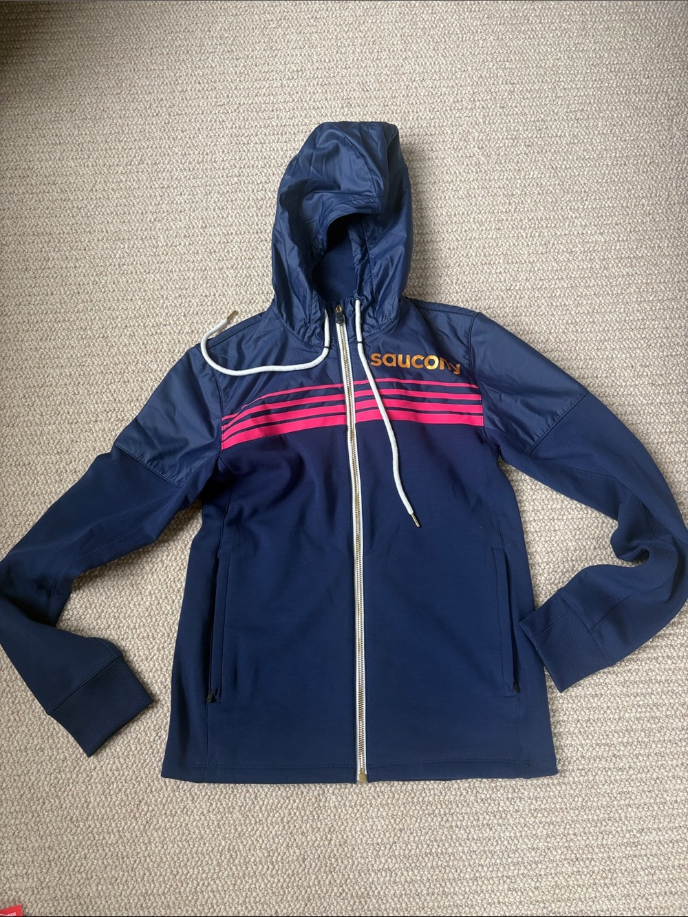 Saucony Navy Hooded Bomber with Pink Stripes and Gold Logo